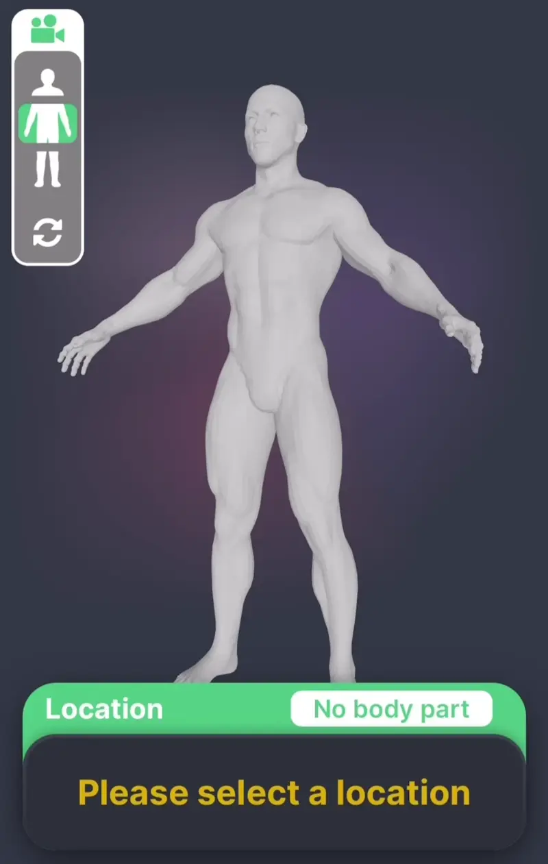 WellnessTrax 3D body mapping interface showing precise pain location tracking