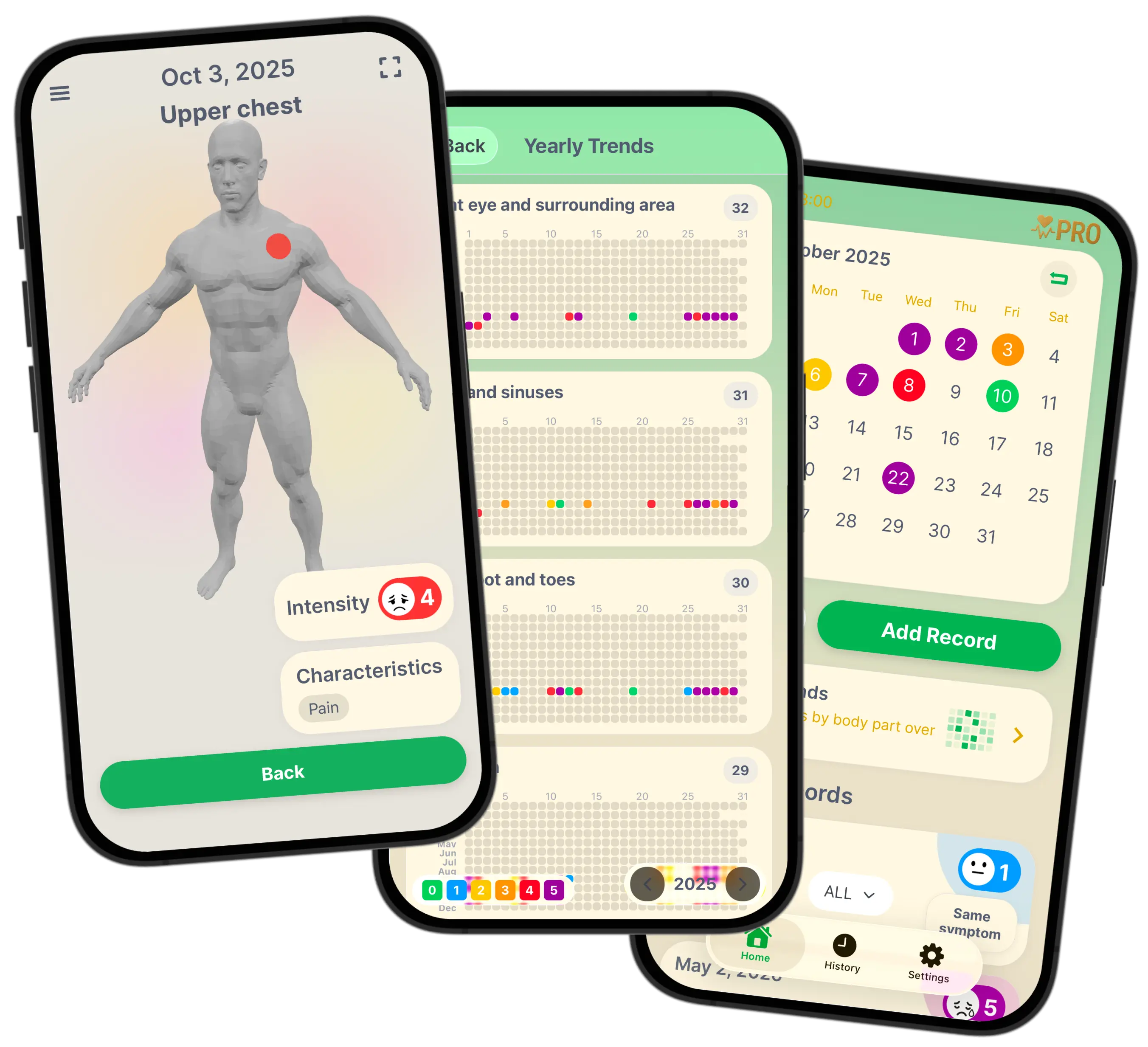 WellnessTrax symptom tracking and calendar view for monitoring pain patterns over time